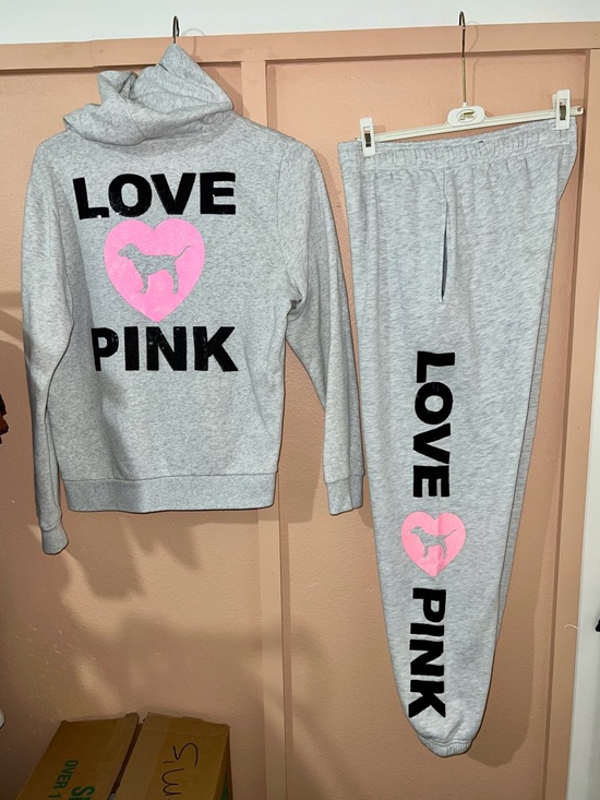 PINK Victoria's Secret Other - PINK Victoria's Secret Light Gray Zip-Up Sweatshirt with Pink Logo & Joggers Set